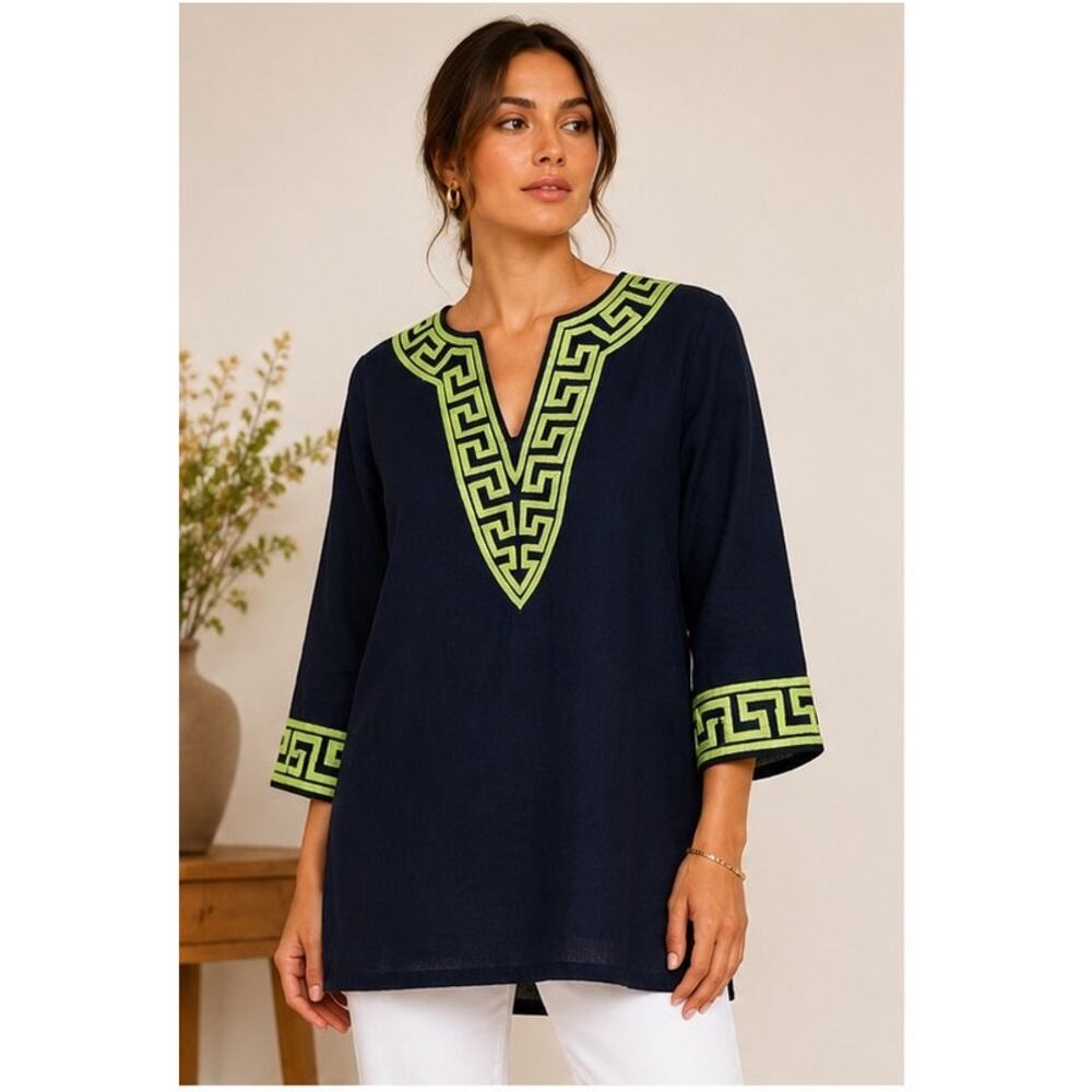 Barbara Gerwit Navy Lime Embroidered Linen Tunic NWT Large